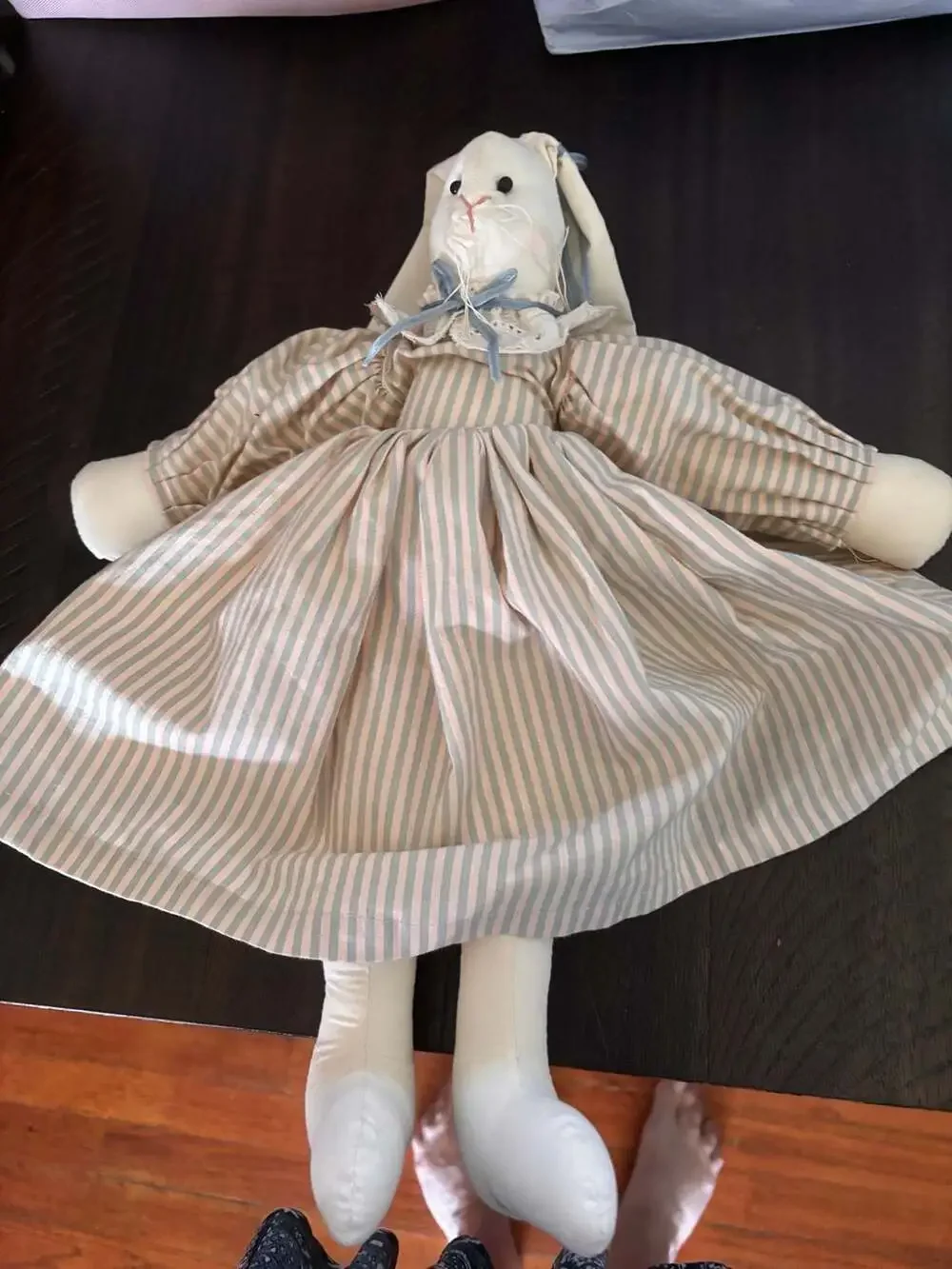 Vintage Handmade Primitive Cloth Bunny Rabbit Doll in Striped Dress